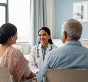 Healthcare provider discusses diabetes education with an Urdu-speaking patient using a visual aid.