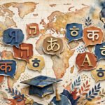 Warm multicultural collage with a faint world map, floating alphabet letters, speech bubbles, a graduation cap and a globe in terracotta, deep blue and gold