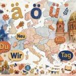 Warm multicultural collage of German words and umlaut letters floating over a faint map of Europe, with Berlin landmarks blurred in the background, in terracotta, deep blue and gold