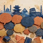 Warm multicultural collage of speech bubbles, alphabets and landmark silhouettes in terracotta, deep blue and gold.