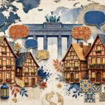 Illustrated collage of German landmarks, speech bubbles and alphabet letters in terracotta, blue and gold.