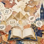 Watercolor-style collage of world maps, speech bubbles, famous landmarks and an open book with a graduation cap in terracotta, deep blue and gold tones, for a guide to fully funded scholarships Nigerian students 2027