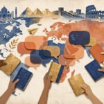 Warm illustration of a world map with speech bubbles, books and famous landmarks representing language learning abroad.