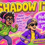 How does shadowing improve English speaking? Gen Z style illustration of a learner with headphones shadowing a native speaker, SHADOW IT headline, bayzubaan.com badge