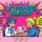 What happens in OET speaking test: vibrant Gen Z illustration of a healthcare professional leading a role-play consultation with a patient