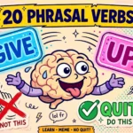 Phrasal verbs for Urdu speakers: Gen Z illustration of a brain juggling give and up word tiles, hand it upward crossed out, quit ticked, Bay Zubaan