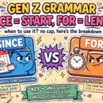 When to use since and for: Gen Z illustration of SINCE versus FOR, calendar pin on a start date and stopwatch measuring length of time, Bay Zubaan