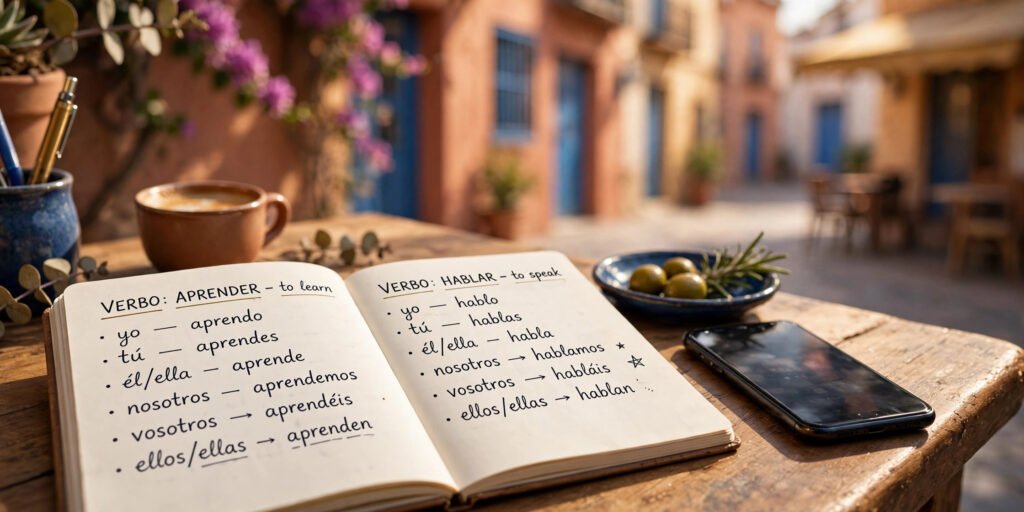 Spanish verb conjugator tool on a phone beside a notebook of verb tables on a sunny cafe table