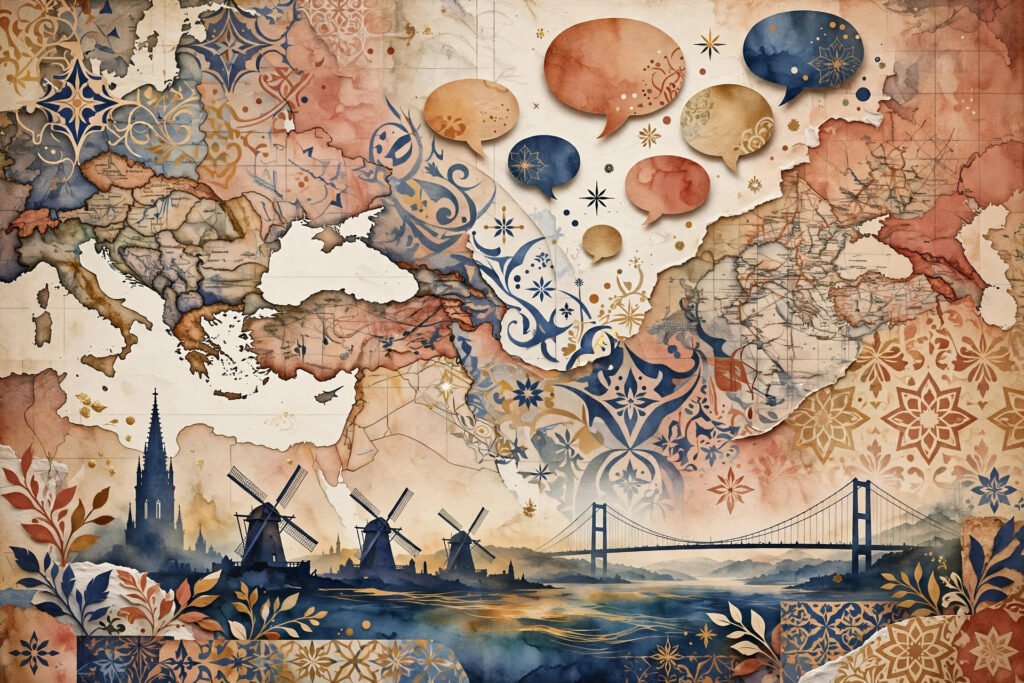 Warm collage of faded European maps, German Dutch and Turkish script textures, speech bubbles and distant landmarks in terracotta, deep blue and gold.