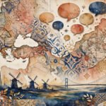 Warm collage of faded European maps, German Dutch and Turkish script textures, speech bubbles and distant landmarks in terracotta, deep blue and gold.