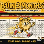 Can you reach B1 German in 3 months? Bold cartoon alarm clock racing across a calendar in German flag colours, Bay Zubaan