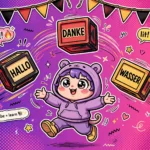 What are 50 basic German words for beginners: Gen Z cartoon of a character juggling HALLO, DANKE and WASSER alphabet blocks under German flag bunting, Bay Zubaan