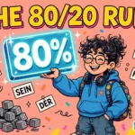 The 80/20 rule in German: Gen Z cartoon of a student holding a glowing 80 percent block with German word cards, Bay Zubaan