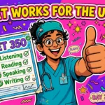 Is OET accepted in the USA? Gen Z cartoon of a doctor holding an OET 350 scorecard, Bay Zubaan